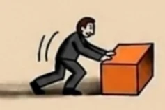 Cartoon person pushing a small orange box