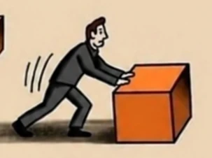 Cartoon person pushing a real estate orange box