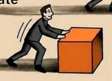 Cartoon person struggling to push an orange box of gold