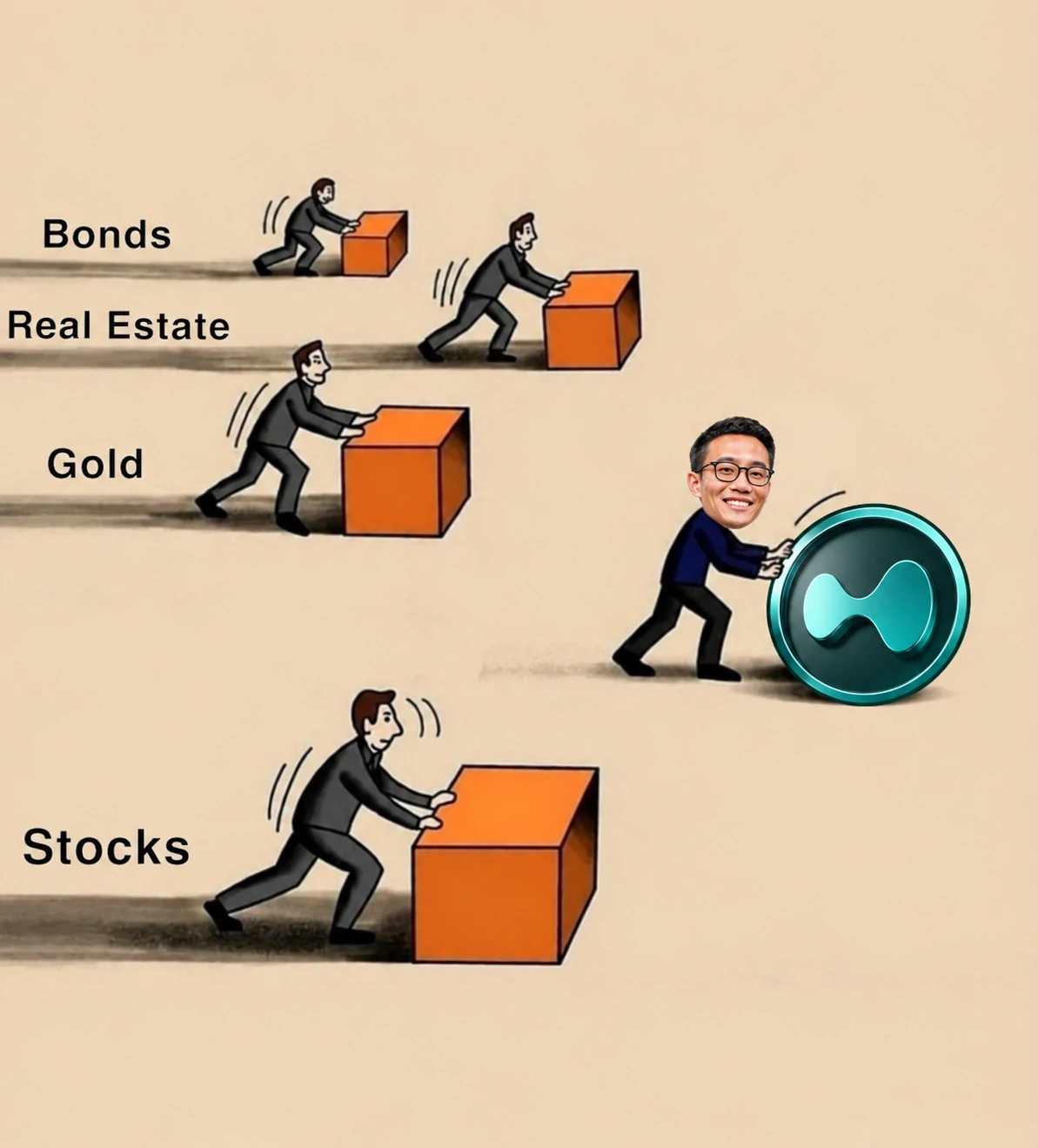 Hand-drawn cartoon contrasting people pushing orange blocks representing bonds, real estate, gold and stocks with a person rolling a cyan coin