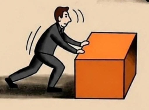 Cartoon person pushing a giant orange box representing stocks