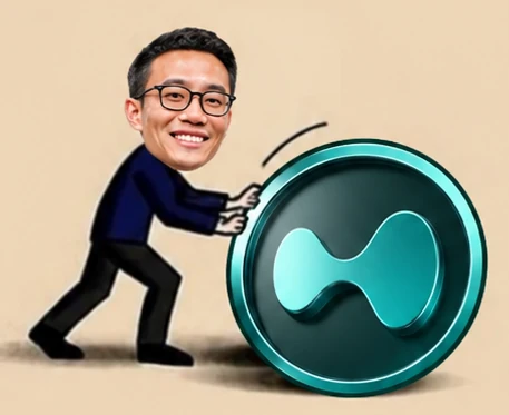 A smiling person rolling a large bright teal coin instead of pushing a box